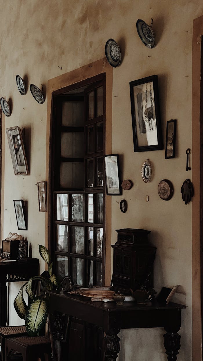 Beautiful vintage interior with classic furniture and wall art adornments.